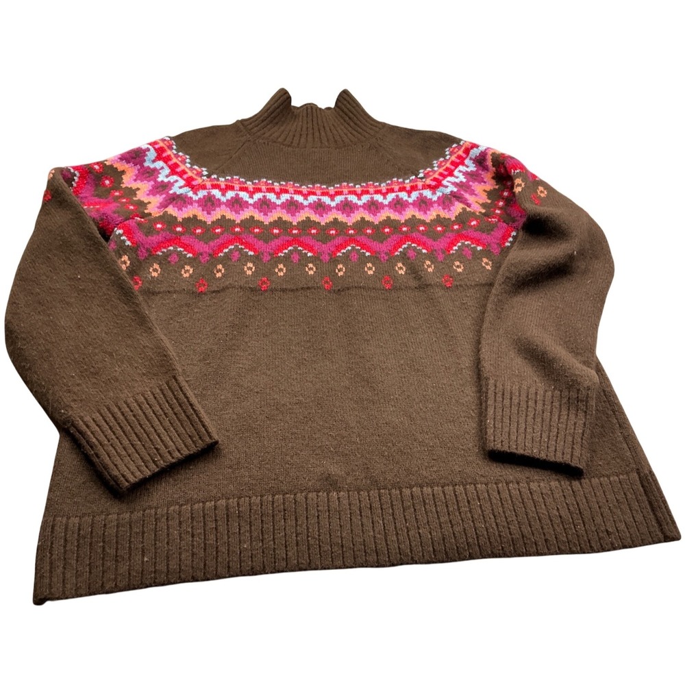 Lou & Grey Fair Isle Mock Neck Sweater Brown Pink Yoke Size L Cozy Knit